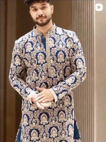 Navy kurta with gold zari embroidery
